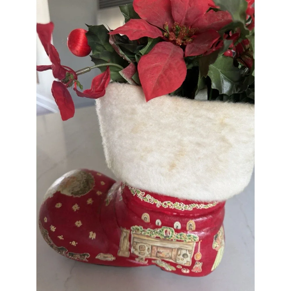 Vintage 1970s Handmade Papier Mache Santa Boot Christmas Decoupage Planter Decor